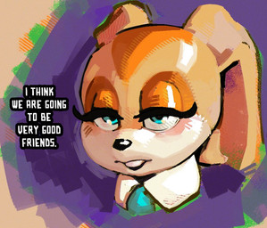 anthro black_nose blue_eyes clothed clothing collar dialogue eyelashes female floppy_ears fur long_ears multicolored_body multicolored_fur narrowed_eyes orange_body orange_fur simple_background solo tan_body tan_fur text two_tone_body two_tone_fur white_text young young_anthro young_female latchk3y sega sonic_the_hedgehog_(series) cream_the_rabbit lagomorph leporid mammal rabbit 2025 english_text headshot_portrait portrait reaction_image