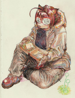 ahoge anthro blush bodily_fluids bottomwear breasts brown_hair clothed clothing cutlery eyewear female flower food footwear fork fries fully_clothed fur_lined_jacket glasses hair inner_ear_fluff jacket kitchen_utensils knife lunchbox open_mouth pants plant sandwich_(food) shirt shoes sitting sneakers solo sweat sweatdrop teeth tools topwear tuft decafbat leica_(decafbat) bat mammal 2025 colored_pencil_(artwork) hi_res pen_(artwork) traditional_media_(artwork)
