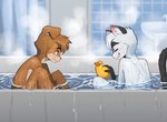 anthro bath bathing bathroom bathtub black_body black_ears black_fur blush casual_nudity cheek_tuft countershading door duo eyes_closed facial_tuft floppy_ears fur fur_tuft hair holding_object inside looking_at_another nude partially_submerged rubber_duck shy tail teeth thin_tail tuft water wet wet_arms wet_body wet_fur wet_head wet_legs young young_anthro eldiman canid canine canis domestic_cat domestic_dog felid feline felis mammal 2022 absurd_res digital_media_(artwork) hi_res