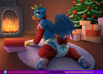 accessory bow_ribbon christmas_tree clean_diaper clothed clothing diaper feral fireplace furgonomics holiday_clothing holiday_dressed holidays looking_at_viewer male plant ribbons scarf solo tail tail_accessory tail_bow tail_ribbon tree warmers wearing_diaper secret_desires christmas friendship_is_magic hasbro mlp_g5 my_little_pony mythology gallus_(mlp) avian gryphon mythological_avian mythological_creature hi_res