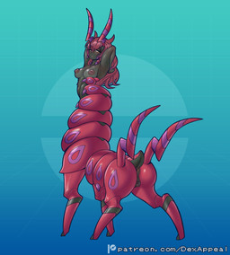 animal_genitalia antennae_(anatomy) anus black_body black_skin blue_background breasts butt female genitals gradient_background hair looking_at_viewer looking_back monster_girl_(genre) multi_limb nipples nude pink_body pink_hair pokemorph presenting presenting_anus presenting_hindquarters presenting_vulva rear_view red_body red_hair simple_background solo tail tall text vulva yellow_eyes dex_appeal nintendo patreon pokemon arthropod arthropod_taur generation_5_pokemon humanoid_taur myriapod myriapod_taur pokemon_(species) pokemon_taur scolipede taur hi_res url