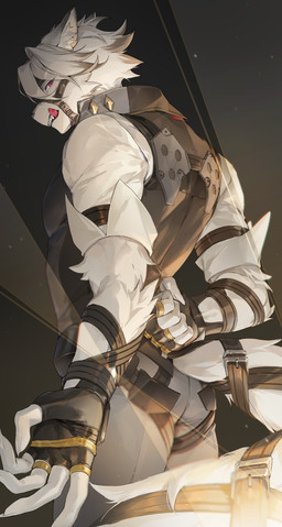 anthro belt bottomwear butt clothing fingerless_gloves fur gesture gloves gold_(metal) gold_jewelry hair handwear jewelry licking licking_lips looking_at_viewer male pants red_eyes ring_(jewelry) shirt solo tail tongue tongue_out topwear vest white_body white_fur malcha_1114 mihoyo zenless_zone_zero von_lycaon canid canine canis mammal thiren wolf 2026 absurd_res hi_res
