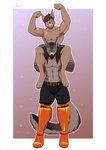 abs anthro black_hair black_nose brown_hair duo hair male muscular muscular_male smile amur canid canine canis mammal wolf 2020 digital_media_(artwork) hi_res