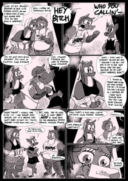 alternative_fashion anthro belly belly_folds big_belly bottomwear clothed clothing crossdressing dialogue female fingerless_gloves gloves group handwear horn kissing male navel obese obese_anthro obese_male overweight overweight_anthro overweight_male pants profanity speech_bubble text torn_bottomwear torn_clothing torn_pants trio swinegarden my_chemical_romance common_hippopotamus equid equine hippopotamid horse mammal comic english_text greyscale hi_res monochrome