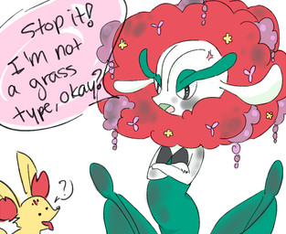 ambiguous_gender asking asking_another asking_to_stop command crossed_arms dialogue duo female feral flower fur green_body green_skin inner_ear_fluff looking_at_another open_mouth plant question question_mark simple_background speech_bubble standing tag_question talking_to_another text tuft white_background white_body white_skin yes-no_question unknown_artist nintendo pokemon canid canine fennekin florges generation_6_pokemon mammal pokemon_(species) red_flower_florges english_text