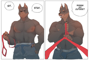 anthro biped clothed clothing collar dialogue front_view hand_on_hip leash leash_pull leashed_viewer looking_at_viewer male muscular muscular_male simple_background smile solo standing text topless underwear white_background corablue canid canine canis domestic_dog mammal 2025 comic digital_media_(artwork) english_text hi_res