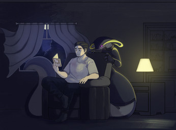 3_fingers 5_fingers anthro apode big_tail black_bottomwear black_clothing black_dress black_pants book bottomwear chair clothed clothed_anthro clothed_female clothed_human clothed_male clothing curtains detailed_background dress duo female fingers fully_clothed furniture grey_body grey_scales humanoid_hands inside lamp legless light_body light_skin long_tail male moon night on_chair pants pink_eyes pupils reading reading_book scales serpentine shirt sitting sitting_on_chair slit_pupils snake_hood t-shirt tail tan_body tan_skin tapering_tail thick_tail topwear ventral_scales white_clothing white_shirt white_t-shirt white_topwear wide_hips window hoc2pus j._r._r._tolkien middle-earth_(tolkien) the_hobbit x-com draconcopode human mammal naga reptile scalie snake snake_naga viper_(x-com) 2025 digital_media_(artwork) hi_res