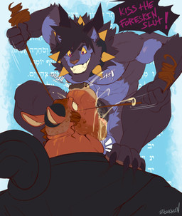 4_toes 5_fingers abs anthro anthro_on_anthro anthro_penetrated anthro_penetrating anthro_penetrating_anthro arm_tuft athletic athletic_anthro athletic_male balls beard black_hair black_horn black_penis bodily_fluids brown_hair brown_nose chanting claws clothed clothing collar command cum cum_drip cum_in_mouth cum_inside cum_on_face cum_overflow curly_hair deep_throat degradation dialogue dominant dominant_anthro dominant_male dripping duo ejaculation elbow_tuft emanata erection exclamation_point face_fucking facial_hair feet feet_on_shoulders fingers from_front_position genital_fluids genitals grin hair hair_grab headgear headwear horn irrumatio kippah larger_male larger_penetrated larger_sub looking_at_another looking_at_partner male male/male male_penetrated male_penetrating male_penetrating_male multicolored_body muscular muscular_male neck_bulge neck_tuft nipples nude nude_anthro nude_male on_top only_one_nude oral oral_penetration pecs penetration penile penile_penetration penis penis_in_mouth pink_eyes pulling_hair purple_balls purple_body religion religious_clothing religious_headwear religious_themes rough_sex screaming sex sidelocks simple_background size_difference slim small_top_big_bottom small_waist smaller_male smile spiked_collar spikes submissive submissive_anthro submissive_male teeth text toe_claws toes toothy_grin touching_hair tuft two_tone_body ritsukaxan judaism demon felid feline mammal 2026 absurd_res alternate_version_at_source artist_name colored digital_drawing_(artwork) digital_media_(artwork) english_text hebrew_text hi_res