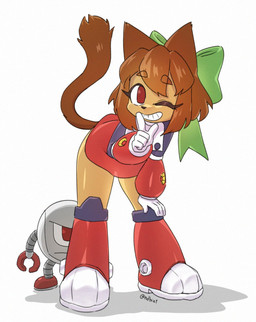 1_eye accessory aged_down alternate_costume anthro armor bean_mouth bent_over bib boots bow_ribbon brown_body brown_nose brown_skin clothing cosplay crossover_cosplay dress duo eyebrow_through_hair eyebrows eyelashes eyelashes_through_hair female flat_chested footwear gloves greaves grin hair hair_accessory hair_bow hair_ribbon hand_on_knee hand_on_leg handwear larger_female leaning leaning_forward leaning_on_hand leaning_on_knee looking_at_viewer machine male minidress mischievous_smile one_eye_closed pincers raised_tail red_armor red_clothing red_eyes ribbons scene_parody serious_face shoes short_hair shush simple_background size_difference smaller_male smile solo_focus standing tail text translucent translucent_hair vambrace white_background white_clothing white_footwear white_shoes wink young young_anthro ndbiet capcom gameoverse glitch_productions mega_man_(series) megaman_(classic) kaboodle_(gameoverse) kit_bodega roll_(mega_man) domestic_cat felid feline felis mammal robot sphere_creature waddling_head 2026 artist_name crossover full-length_portrait hi_res portrait