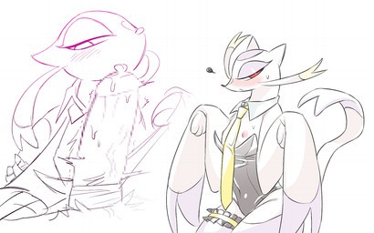 ambiguous_gender ambiguous_on_anthro anthro before_and_after big_pupils black_clothing blush bodily_fluids bolt_emanata breasts bunny_costume clothing collar costume duo emanata exposed_breasts female female_focus forked_tail genital_fluids genitals leaking_precum legband licking_tip looking_at_genitalia looking_at_penis looking_at_viewer male male/female narrowed_eyes necktie nipple_slip penis pose precum pupils shaking small_breasts sweat swirl_emanata tail trembling unusual_anatomy unusual_tail vein veiny_penis moocow nintendo pokemon ambiguous_species generation_5_pokemon mienshao pokemon_(species) colored_line_art hi_res shaded simple_shading sketch