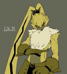 anthro clothed clothing fluffy_chest fur gloves handwear long_ears male ponytail_ears solo topless topless_anthro yellow_body yellow_fur type_ckw bandai_namco digimon digimon_ghost_game digimon_(species) lagomorph leporid mammal rabbit symbareangoramon hi_res