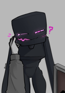 ambiguous_gender black_body bodily_fluids breasts cheek_pinch clothing duo featureless_breasts featureless_crotch female larger_female leaning leaning_forward long_arms looking_at_viewer not_furry nude pinch purple_eyes purple_mouth question_mark shield simple_background size_difference solo_focus square_(anatomy) square_head tears teeth kaiartis microsoft minecraft mojang xbox_game_studios enderman human humanoid mammal absurd_res digital_media_(artwork) hi_res shaded