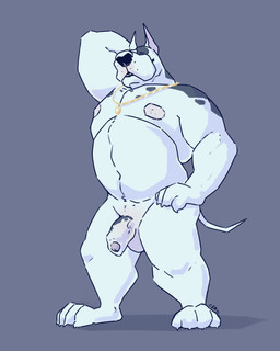 anthro balls eyes_closed foreskin front_view genitals grey_background grey_markings half-erect hand_behind_head hand_on_hip humanoid_genitalia humanoid_penis jewelry male markings musclegut muscular muscular_anthro muscular_male necklace nipples nude overweight overweight_anthro overweight_male penis pose simple_background solo standing tail white_body white_tail chocolateandmilk canid canine canis domestic_dog great_dane mammal mastiff molosser 2022 dated full-length_portrait hi_res portrait signature