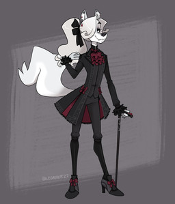 accessory anthro black_clothing bow_(feature) bow_accessory bow_ribbon cane clothing eyeliner eyeshadow fangs femboy footwear fur grey_background hair hair_accessory hair_bow hair_over_eye hair_ribbon half-closed_eyes high_heels long_hair looking_at_viewer makeup male narrowed_eyes one_eye_obstructed ribbons seductive shoes simple_background smile smirk smug smug_face smug_grin solo teeth white_body white_fur white_hair cadaverrdog casmir_(cadaverrdog) canid canine canis mammal vampire wolf hi_res