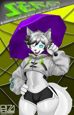 anthro black_hair blue_eyes bottomwear bulge clothing date fangs femboy fur geometric_background grey_body grey_fur grey_hair hair hand_on_hip legwear male messy_hair musical_note musical_symbol one_eye_closed piercing shorts simple_background small_waist smile solo symbol tail teeth thigh_highs topwear umbrella wide_hips phizo canid canine mammal absurd_res hi_res signature