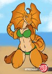 abby_(user55) agamid anthro beach bikini bikini_bottom bikini_top breast_squish breasts camel_toe cleavage clothed clothing countershade_face countershade_tail countershade_torso countershading female frill_(anatomy) frilled_lizard head_crest head_frill hi_res kneeling lizard long_tail looking_at_viewer markings membrane_(anatomy) membranous_frill navel non-mammal_breasts orange_body predaguy reptile scalie slightly_chubby slightly_chubby_female smile smiling_at_viewer solo spots spotted_body squish striped_markings striped_tail stripes swimwear tail tail_markings two-piece_swimsuit yellow_eyes