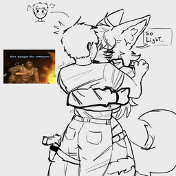 assertive_female blush bottomwear clothing denim denim_bottomwear denim_clothing denim_shorts duo female fluffy fluffy_tail gun gun_holster hair holding_another hug human_on_humanoid inner_ear_fluff interspecies lifting_another male off_the_ground ranged_weapon short_hair shorts size_difference speech_bubble spiky_hair strong_female tail text tuft weapon unknown_artist animal_humanoid canid canid_humanoid canine canine_humanoid fox_humanoid human humanoid mammal mammal_humanoid english_text hi_res meme monochrome polish_text