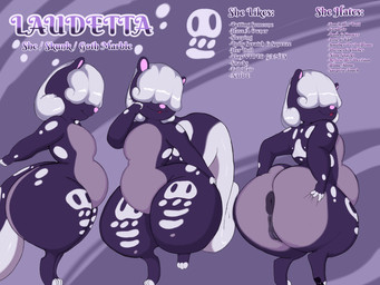 anus anus_focus belly big_belly big_butt bone butt butt_focus butt_grab circle circle_(marking) circle_background female front_view genitals grey_hair hair hand_on_butt huge_belly huge_butt huge_hips huge_thighs logo multicolored_body nude on_one_leg open_mouth open_smile purple_body rear_view side_view skull skunk_tail smile solo spread_anus spreading standing symbol_on_thigh text thick_thighs three-quarter_view vulva wide_hips spikelove15 laudetta_(spikelove15) animal_humanoid humanoid mammal mammal_humanoid mephitid mephitid_humanoid skunk 4:3 absurd_res english_text hi_res model_sheet portrait
