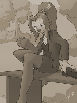 4_toes 5_fingers anthro autograph bench business_suit character_signature clothing eyebrows feet female fingers foot_fetish foot_focus hindpaw legwear park pawpads paws solo suit text tights toes torn_clothing torn_legwear torn_tights foxrept kriss_(foxrept) hyena mammal 2026 3:4 absurd_res artist_name digital_drawing_(artwork) digital_media_(artwork) hi_res monochrome signature