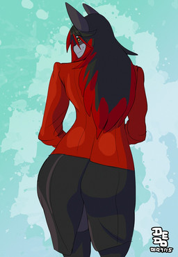 anthro big_butt black_bottomwear black_clothing black_hair black_legwear black_nose black_skirt black_stockings bottomwear butt clothed clothing coat female fully_clothed fur green_background grey_body grey_ears grey_eyes grey_fur hair hair_over_eye highlights_(coloring) legwear long_hair looking_at_viewer looking_back multicolored_body multicolored_fur multicolored_hair one_eye_obstructed rear_view red_clothing red_coat red_hair red_highlights red_topwear simple_background skirt smile solo stockings tailless topwear two_tone_body two_tone_face two_tone_fur two_tone_hair yellow_sclera dedoarts aura_(aurastrasza) canid canine canis mammal werecanid werecreature wolf 2015 digital_media_(artwork) hi_res portrait three-quarter_portrait gynomorph_(lore)