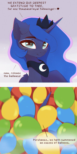 1_horn balloon black_neckwear black_tiara blue_hair crown dialogue eyelashes eyeshadow female female_feral feral hair headgear highlights_(coloring) horn inflatable makeup open_mouth open_smile pink_highlights purple_body purple_eyeshadow purple_wings quadruped smile solo spiral_horn teal_eyes text tiara wings nnalyart friendship_is_magic hasbro my_little_pony mythology princess_luna_(mlp) equid equine mammal mythological_creature mythological_equine winged_unicorn absurd_res comic digital_drawing_(artwork) digital_media_(artwork) english_text hi_res milestone_celebration shaded