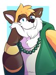 anthro blue_eyes bracelet brown_body brown_ears brown_fur clothing eyebrows fur green_clothing hand_on_face jewelry necklace orange_body orange_fur solo white_body white_fur unonyx 3:4 digital_media_(artwork) half-length_portrait hi_res portrait