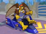 armor belt blue_falcon clothing destruction feet flying_vehicle gloves handwear headgear helmet male solo talons toes torn_clothing transformation vehicle kitsunekit f-zero nintendo captain_falcon pheagle avian bird falcon falconid colored