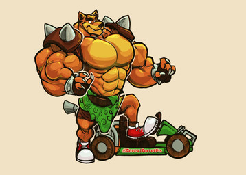 abs anthro barazoku belt biceps big_muscles bottomwear claws clothing eyebrows fangs footwear fur kart loincloth looking_down male manly muscular muscular_anthro muscular_arms muscular_male neck_muscles orange_body orange_fur pecs shirtless shoes shoulder_pads simple_background solo spiked_shoulder_pads spikes standing tan_background tan_body tan_fur teeth thick_eyebrows triceps vehicle paintylux activision crash_bandicoot_(series) crash_team_racing_(series) tiny_tiger dasyuromorph mammal marsupial recently_extinct_species thylacine 2019 hi_res