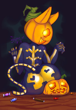 anthro big_butt butt candy dessert female food for_a_head fruit jack-o'-lantern looking_at_viewer looking_back looking_back_at_viewer open_mouth open_smile plant pumpkin rear_view sitting skeleton_costume smile solo thick_thighs wide_hips phrenpai epic_games fortnite spice_(fortnite) domestic_cat felid feline felis mammal object_head absurd_res hi_res