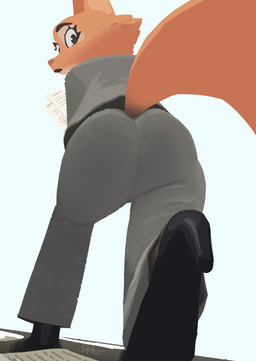 anthro bottomwear business_suit butt clothed clothing eyebrows eyelashes female footwear fur high_heels kneeling looking_at_viewer looking_back looking_back_at_viewer low-angle_view office_clothing on_one_knee orange_body orange_fur pants picking_up_papers rear_view shoes solo suit tail el-k dreamworks the_bad_guys diane_foxington canid canine fox mammal 2026 absurd_res hi_res signature
