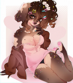 accessory anthro areola arm_support bare_shoulders black_clothing black_panties black_underwear breasts brown_body brown_eyes brown_fur brown_hair brown_lips brown_nose clothed clothing eyelashes female fur hair hair_accessory hairclip licking licking_lips lips looking_at_viewer markings medium_breasts mole_(marking) mole_on_breast open_clothing open_topwear panties pawpads paws pink_areola pink_pawpads sitting solo tan_body tan_fur tongue tongue_out topwear underwear mokkapie canid canine canis domestic_dog mammal colored digital_drawing_(artwork) digital_media_(artwork) hi_res shaded