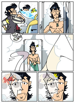 bath bathroom border bra breasts butt clothing duo female machine male male/male orientation_play straight_to_gay underwear white_border pb-art space_dandy dandy_(space_dandy) meow_(space_dandy) qt_(space_dandy) alien betelgeusian domestic_cat felid feline felis human mammal robot