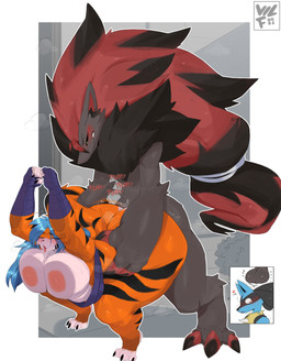 anthro anthro_on_anthro areola bent_over big_butt biped black_body breasts butt female female_penetrated huge_butt larger_female looking_pleasured male male/female male_penetrating nipples nude orange_body penetration sex size_difference thick_thighs vilf nintendo pokemon generation_4_pokemon generation_5_pokemon lucario pokemon_(species) zoroark absurd_res hi_res