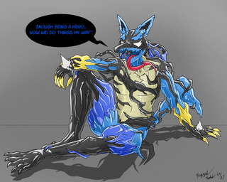anthro black_body blue_body clothing corruption grey_background latex latex_clothing latex_skinsuit male multicolored_body simple_background sitting skinsuit suit symbol tight_clothing villian yellow_body riggedreded capcom mega_man_(series) mega_man_battle_network nintendo pokemon generation_4_pokemon lucario netnavi pokemon_(species) 2024 crossover dated digital_media_(artwork) hi_res signature