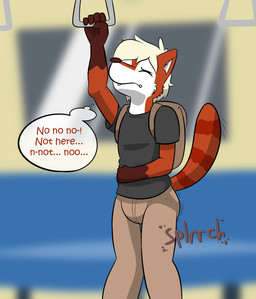 accident anthro backpack blonde_hair clothed clothing dialogue diaper feces hair holding_object humiliation incontinence inside_train male messy pooping public red_body scatplay shirt smelly soiled_diaper soiling soiling_diaper solo text topwear train unclean_diaper used_diaper vehicle ritzcat xawet ailurid mammal red_panda english_text hi_res
