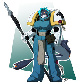 adeptus_astartes anthro armor blue_hair boob_armor breasts cosplay female hair long_tail machine melee_weapon multicolored_body necropolis_hawks_chapter non-mammal_breasts orange_eyes polearm power_armor purity_seal science_fiction simple_background smile smirk solo space_marine space_marine_armor spear tail two_tone_body weapon white_background rileyarlic_(artist) warhammer_(franchise) warhammer_40000 zea_nalya aquatic cetacean dolphin mammal oceanic_dolphin orca toothed_whale absurd_res colored hi_res