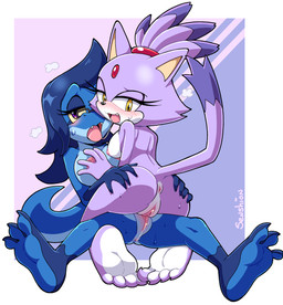 anthro anthro_on_anthro anus areola big_areola big_breasts big_nipples blue_body bodily_fluids breasts butt duo eyewear feet female female/female fur genital_fluids genitals glasses looking_at_viewer looking_back medium_breasts multicolored_body multicolored_fur nipples non-mammal_breasts non-mammal_nipples nude purple_body purple_eyes purple_fur sex simple_background soles tribadism two_tone_body two_tone_fur vaginal vaginal_fluids vulva white_body white_fur yellow_eyes senshion sega sonic_the_hedgehog_(series) blaze_the_cat ulti_(ultilix) domestic_cat felid feline felis lizard mammal reptile scalie 2026 absurd_res hi_res