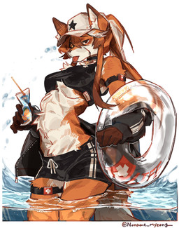 anthro baseball_cap clothing eye_patch eyewear female fingers fur hair half-closed_eyes hat headgear headwear lifeguard narrowed_eyes orange_body orange_fur orange_hair solo swimwear tongue tongue_out water noname_myeong jeanne_(noname_myeong) canid canine fox mammal 2026 digital_media_(artwork) hi_res