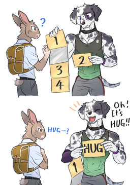 anthro athletic athletic_anthro athletic_male backpack brown_eyes clothed clothing dialogue duo floppy_ears folded_ears fur kemono male male/male markings purple_eyes question_mark shirt spots spotted_body spotted_fur tank_top text topwear motor_dog canid canine canis domestic_dog lagomorph leporid mammal rabbit 2024 comic english_text hi_res