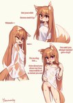 absurd_res alternate_species anthro blush breasts brown_body brown_fur brown_hair butt_from_the_front canid canine canis clothed clothing clothing_lift english_text female fur furrification genitals hair hi_res holo_(spice_and_wolf) innie_pussy long_hair looking_at_viewer looking_back mammal multicolored_body multicolored_fur nipples nude presenting pussy shirt shirt_lift simple_background smile solo spice_and_wolf tail text topwear translucent translucent_clothing two_tone_body two_tone_fur wet wet_body wet_clothing wet_fur wolf wolf_ears wolf_tail yawaraky