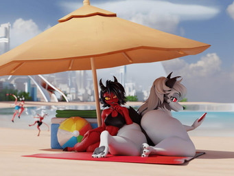 anthro ball beach beach_ball beach_towel cellphone clothing cooler electronics female fur group horn inflatable looking_at_viewer lying male on_front pawpads paws phone red_body sand sitting swimwear towel umbrella water white_body white_fur yellow_sclera vllrukkin aeridiccore_(modeler) chocoscorner_(modeler) samzan_(modeler) valorlynz_(modeler) hellaverse helluva_boss mythology blitzo_(helluva_boss) loona_(helluva_boss) millie_(helluva_boss) moxxie_(helluva_boss) canid canid_demon canine demon hellhound humanoid imp mammal mythological_canine mythological_creature 3d_(artwork) 4:3 blender_(artwork) digital_media_(artwork)