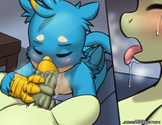 animal_genitalia animal_penis blush bodily_fluids drooling duo equine_genitalia equine_penis eyes_closed fellatio feral furniture genitals lying male male/male nude on_front oral penile penis saliva sex sofa tongue tongue_out conditional_dnp jcosneverexisted friendship_is_magic hasbro my_little_pony mythology gallus_(mlp) sandbar_(mlp) avian equid equine gryphon horse mammal mythological_avian mythological_creature pony absurd_res hi_res