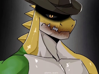 abs anthro biceps blood blood_in_mouth blush blush_lines bodily_fluids candy clothing covering_chest cowboy_hat deltoids dessert embarrassed fangs food green_body growling gummy_(food) hat headgear headwear looking_at_viewer male multicolored_body muscular muscular_anthro muscular_male my_eyes_are_up_here nipples pecs pupils simple_background slit_pupils snapping_fingers solo teeth whistling white_body wolf_whistle yellow_body yellow_eyes senhor_jacarilo glitch_productions the_amazing_digital_circus evil_gummigoo_(tadc) gummigoo_(tadc) crocodile crocodilian food_creature gummy_creature living_candy reptile scalie 2026 2d_animation 4:3 animated digital_media_(artwork) short_playtime sound video