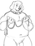 anthro balls belly collar genitals humanoid_hands leash male navel overweight overweight_male penis simple_background solo bravo canid canine canis domestic_dog mammal 2022 hi_res monochrome sketch