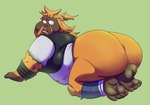 anthro anus backsack balls barefoot big_butt bottomless bottomless_male butt clothed clothing feet fur genitals male orange_body orange_fur presenting presenting_anus shirt solo t-shirt topknot topwear torn_clothing vest jazziseqing mihoyo zenless_zone_zero bellum_(zenless_zone_zero) ape haplorhine mammal orangutan primate hi_res