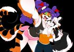 anthro big_breasts black_body black_fur black_stripes blush breast_squish breasts clothed clothing duo female fur green_eyes hair huge_breasts male multicolored_body multicolored_fur open_mouth orange_body orange_fur purple_hair simple_background smile squish stripes tail transparent_background two_tone_body two_tone_fur white_body white_fur white_hair chalo las_lindas randal_hawthorne tiggs canid canine canis domestic_dog felid mammal pantherine tiger 2016 alpha_channel hi_res