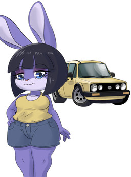 4_fingers anthro black_hair blue_eyes bottomwear car clothing eyeshadow female fingers front_view fur grey_body grey_bottomwear grey_clothing grey_fur grey_inner_ear grey_shorts hair hand_on_hip looking_at_viewer makeup mature_anthro mature_female pink_nose pupils purple_body purple_eyeshadow purple_fur shirt short_stack shorts smile solo standing tank_top topwear vehicle wide_hips yellow_clothing yellow_shirt yellow_tank_top yellow_topwear mr-shin volkswagen volkswagen_golf marlenne_(mr-shin) lagomorph leporid mammal rabbit 2025 hi_res