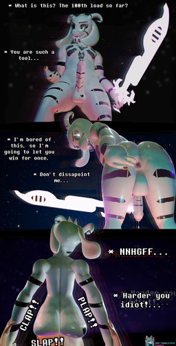 anal anthro anus backsack balls big_butt bodily_fluids butt butt_focus cum dialogue duo floppy_ears foreskin genital_fluids genitals horn human_on_anthro interspecies leaking_cum leaking_precum male male/male melee_weapon nude penis penis_behind_thighs precum rear_view spread_anus spread_butt spreading sword tattoo teeth text tongue tongue_out weapon tammilicious undertale undertale_(series) asriel_dreemurr_(god_form) boss_monster_(undertale) bovid caprine goat human mammal 3d_(artwork) absurd_res comic digital_media_(artwork) english_text hi_res