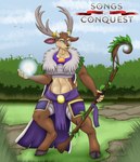 anthro antlers armor brown_body brown_fur cape clothing deer faey faey_queen female forest fur furryrex_(artist) glowing glowing_eyes hi_res hooves horn leaf magic magic_user mammal mantle plant purple_clothing sash solo songs_of_conquest staff tree vines