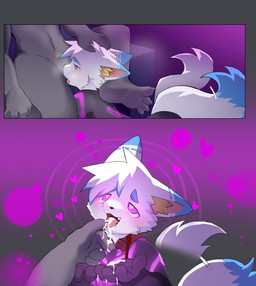 4_fingers 4_toes anthro blue_body blue_fur claws collar duo fangs feet female fingers fur happy heart_pupils heart_symbol leash leashed_collar male male/female open_mouth red_collar soles tail tail_motion tailwag teeth toes tongue tongue_out white_body white_fur young young_anthro young_male meo_miou domestic_cat felid feline felis mammal 2026 comic hi_res